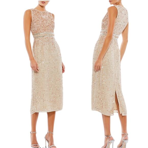 Mac Duggal Gold Silver Pink Sequin Midi Sheath Dress Women 8 Formal Holiday Gala - Picture 1 of 16